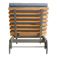 Wooden patio cart with gray metal frame and blue cushion, featuring a slatted design and smooth wheels for easy movement.