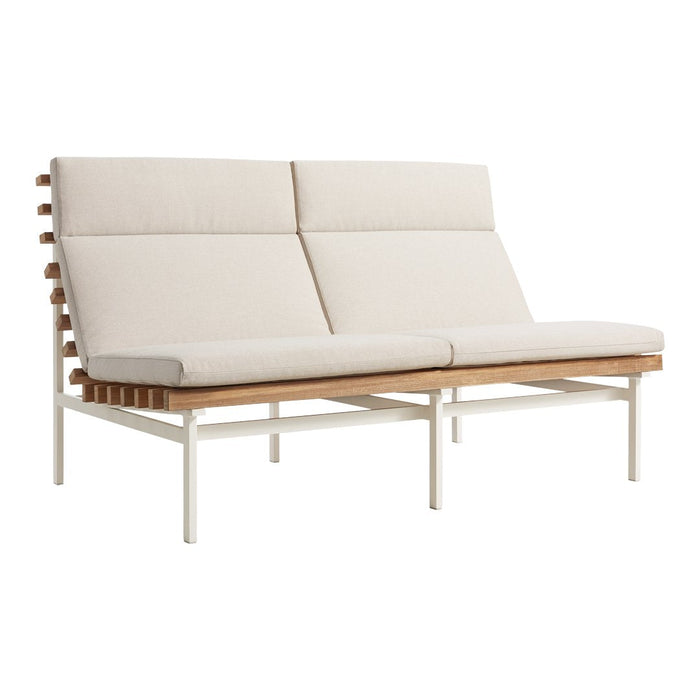 Minimalist beige sofa with a wooden frame and white metal legs, featuring clean lines and a contemporary design.