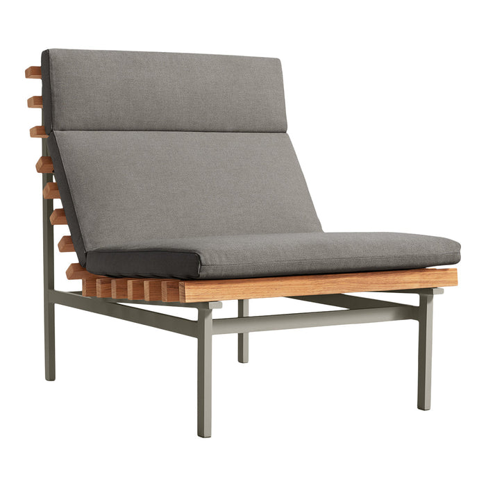 Modern gray fabric lounge chair with natural wood accents and a sleek metal frame. Ideal for contemporary decor.