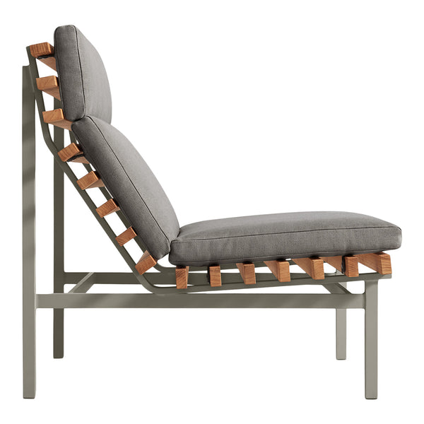 Gray cushioned lounge chair with wooden accents and a modern slatted design. Perfect for contemporary interiors.