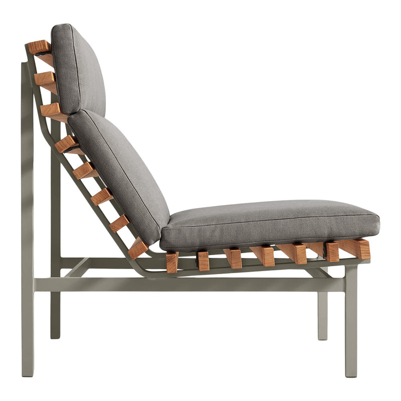 Gray cushioned lounge chair with wooden accents and a modern slatted design. Perfect for contemporary interiors.
