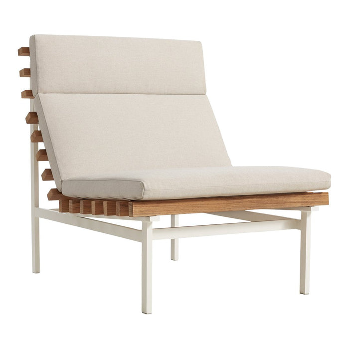 Modern lounge chair featuring a neutral beige cushion and natural wood accents with a sleek white frame.