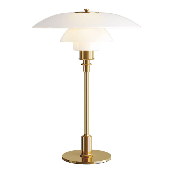 Elegant gold and white table lamp with layered shade design, perfect for modern decor.