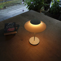 Modern lamp with a soft amber glow, white base, and round black top, set on a rustic wooden table surrounded by greenery.