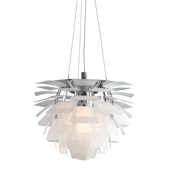 Modern pendant lamp in sleek chrome with layered white and frosted glass design, creating a stunning lighting effect.