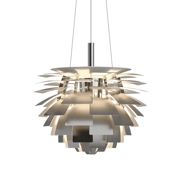 Modern pendant lamp featuring stacked silver and white geometric layers for a sleek, contemporary look.
