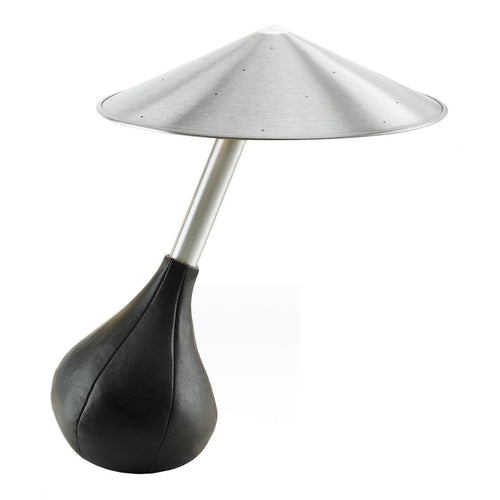 Modern table lamp featuring a silver cone shade and a sleek black teardrop base. Unique design with contrasting colors.