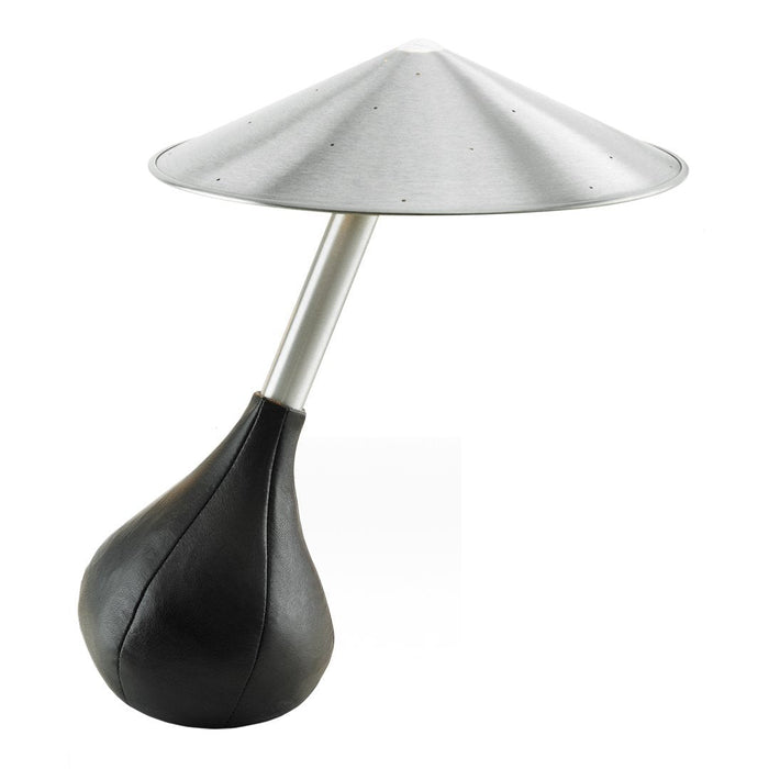 Modern table lamp featuring a silver cone shade and a sleek black teardrop base. Unique design with contrasting colors.