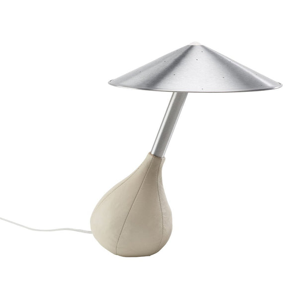 Modern lamp with a sleek silver cone shade and a beige teardrop base, offering a minimalist aesthetic.