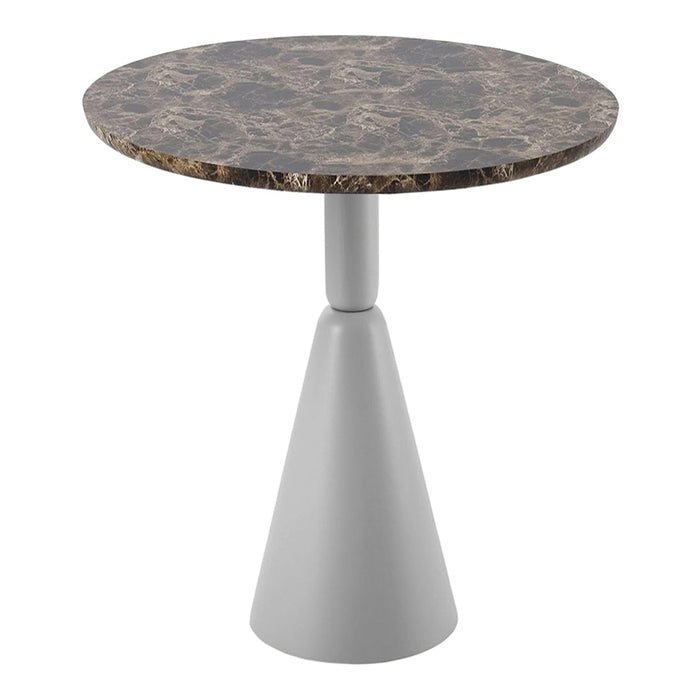 Brown marble-top round table with a sleek gray conical base, showcasing a modern design and smooth textures.