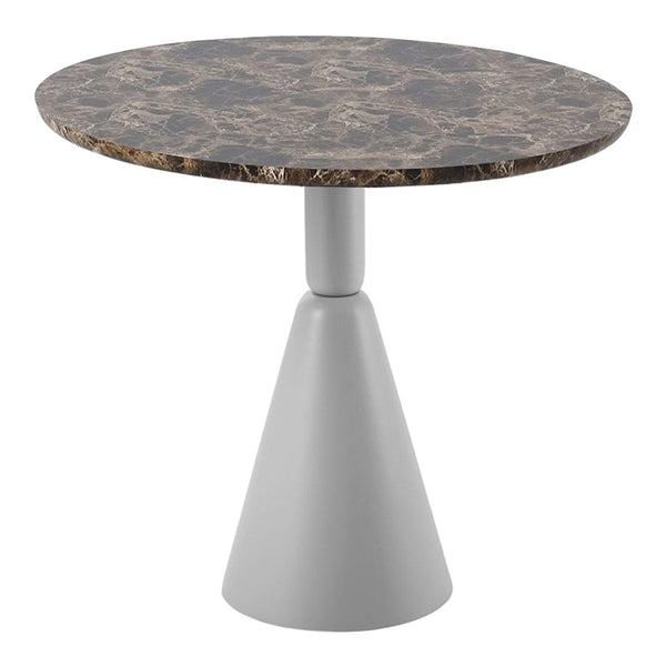 Round table with a dark patterned marble top and a sleek grey conical base, perfect for modern decor.