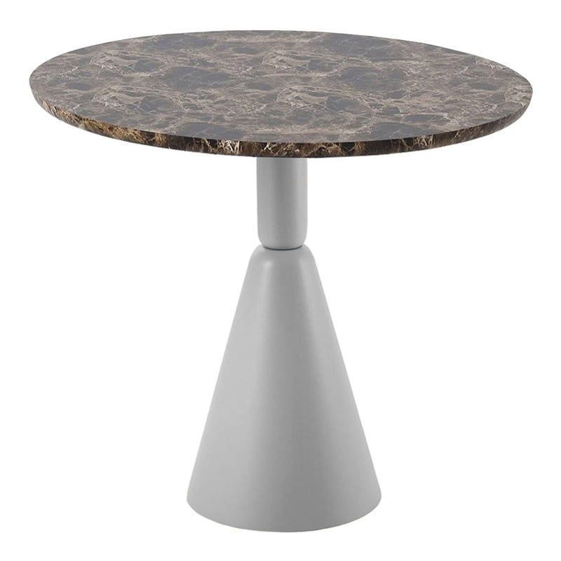 Round table with a dark patterned marble top and a sleek grey conical base, perfect for modern decor.