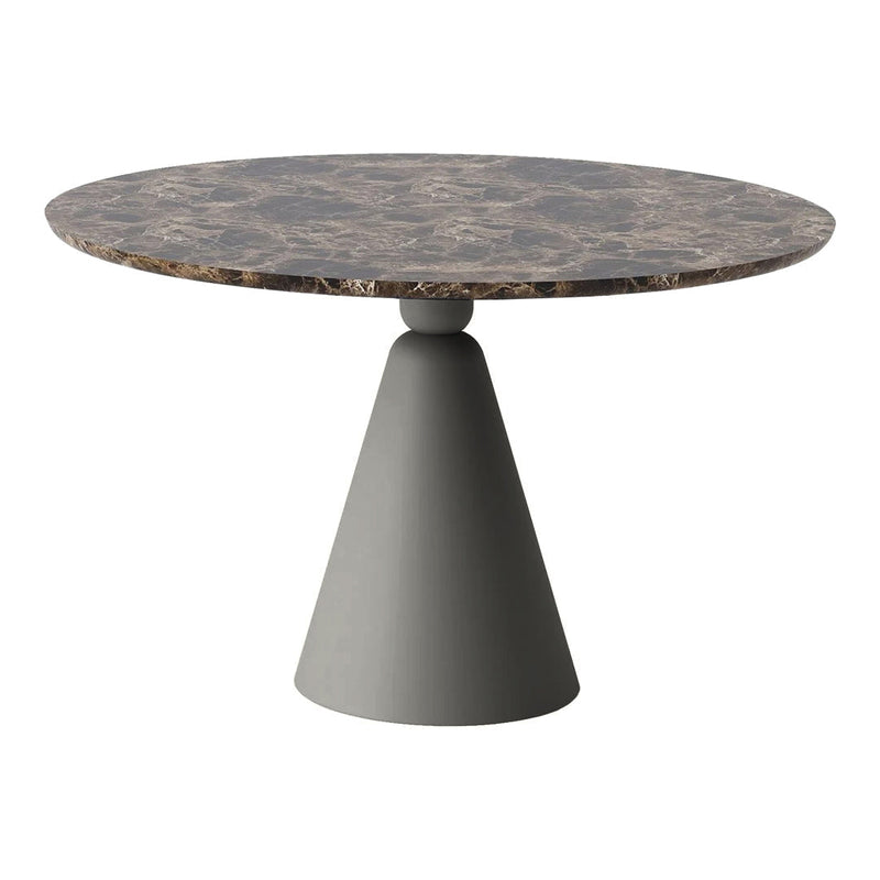 Modern round table featuring a dark marble top and a sleek gray conical base. Ideal for contemporary spaces.