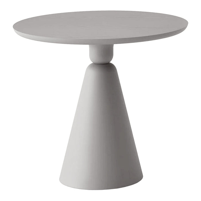 Modern gray side table with a round top and conical base, featuring a sleek, minimalist design.