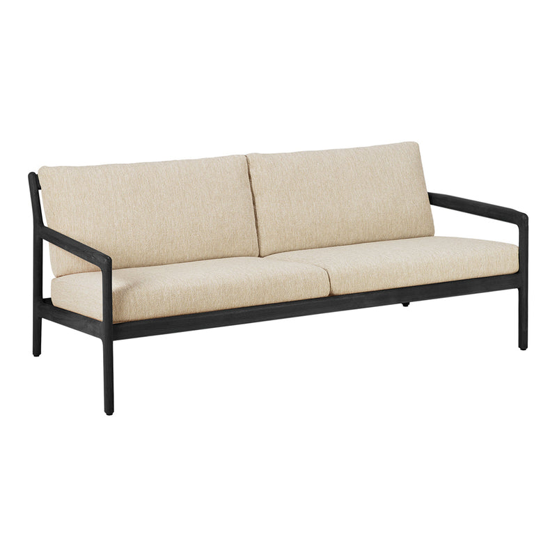 Beige upholstered sofa with a sleek black metal frame, featuring a minimalist design and neutral color palette.