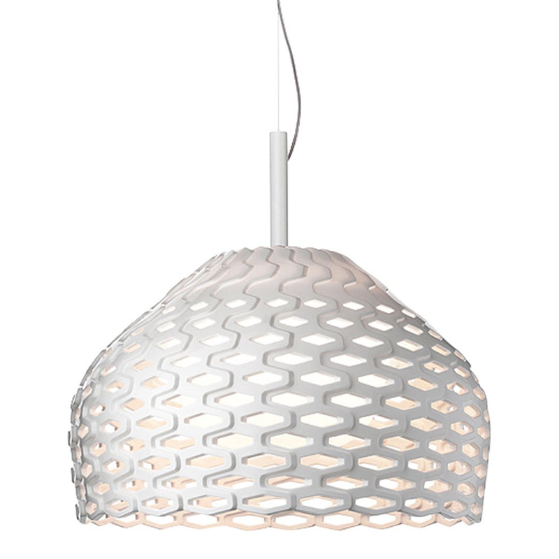White pendant lamp with a hexagonal cut-out pattern, casting soft, warm light. Perfect for modern decor.