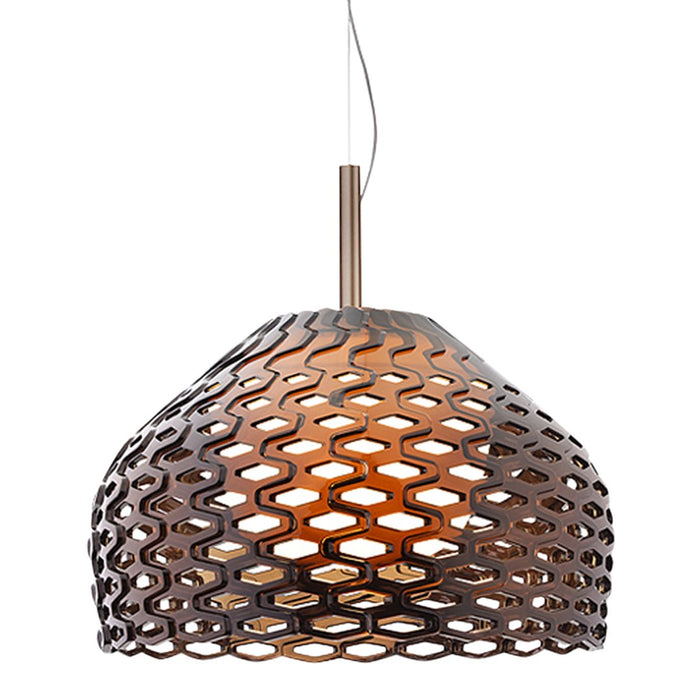 Honeycomb-patterned pendant lamp in dark brown with warm amber glow, featuring a sleek metal finish. Perfect for modern decor.
