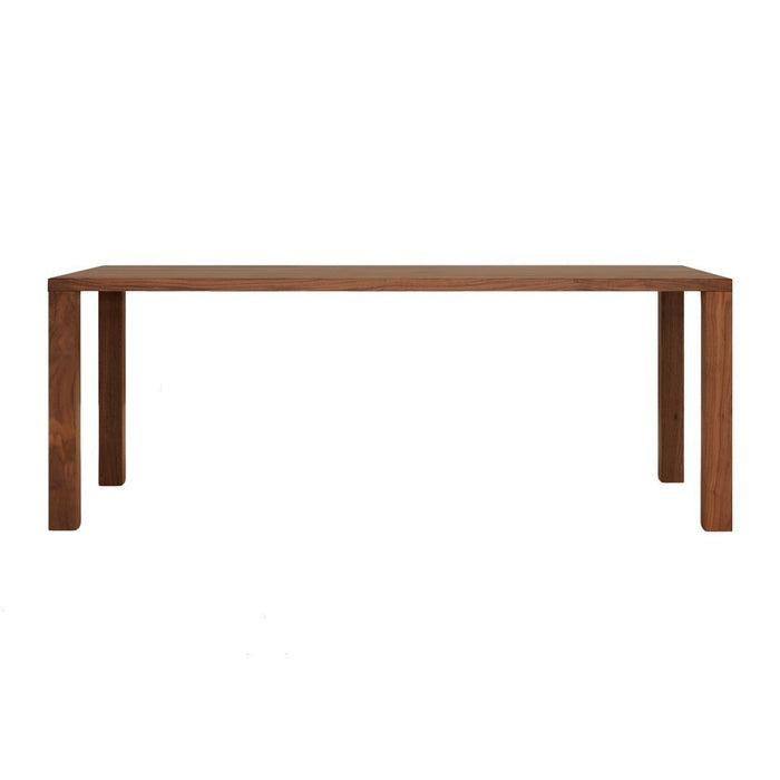 Solid wood dining table in rich brown finish with a smooth, minimalist design.