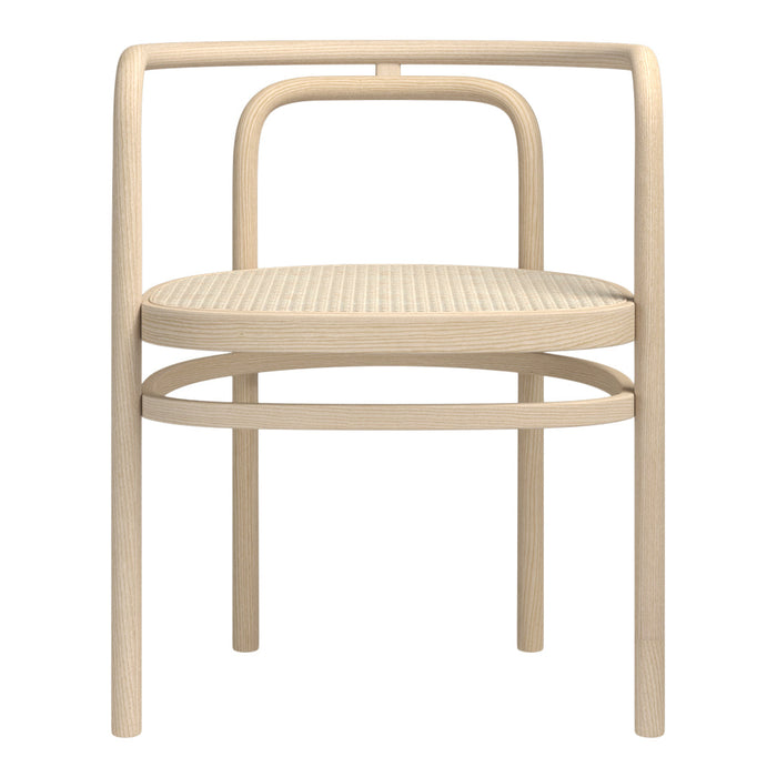 Light beige chair with a woven seat, featuring a minimalist, contemporary design and smooth, curved lines.