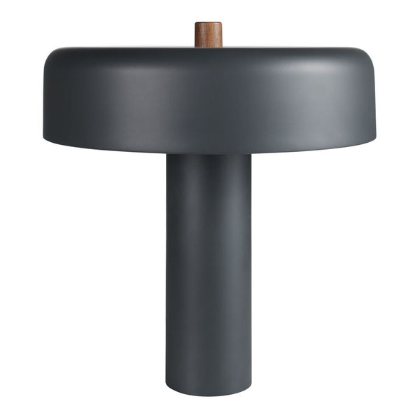 Modern matte dark gray lamp with a smooth finish and a contrasting wooden accent. Stylish and minimalist design.