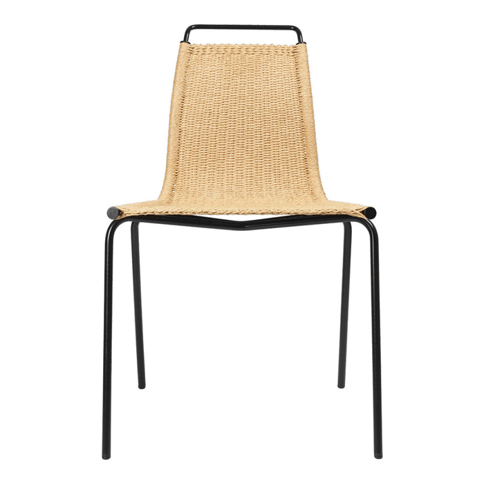 Natural woven texture with a beige seat and sleek black metal frame. Perfect blend of modern and rustic styles.