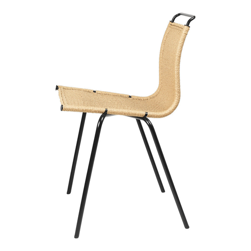 Stylish chair featuring a natural beige seat and minimalist black metal legs for a modern look.