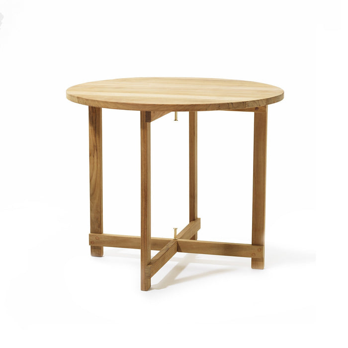 Round wooden table in natural wood finish with a simple, clean design and sturdy light brown frame.