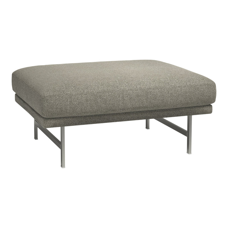 Grey upholstered ottoman with a textured fabric and sleek metal legs, perfect for modern decor.