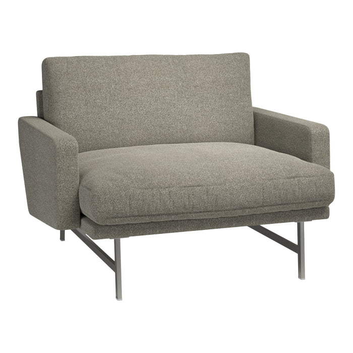 Light gray armchair with a textured fabric upholstery and minimalist metal legs; perfect for modern decor.