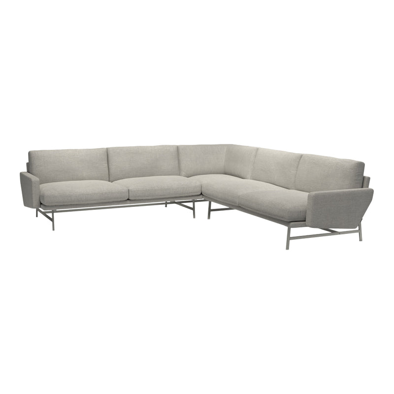 Gray sectional sofa with clean lines and subtle texture, featuring light fabric and sleek metal legs.
