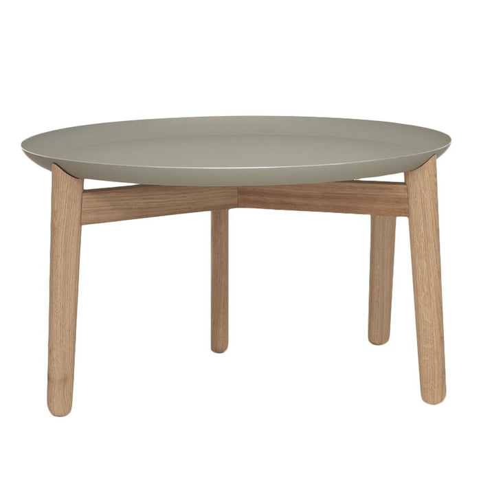 Round coffee table with a soft gray top and natural wood legs, featuring a minimalist design and clean lines.