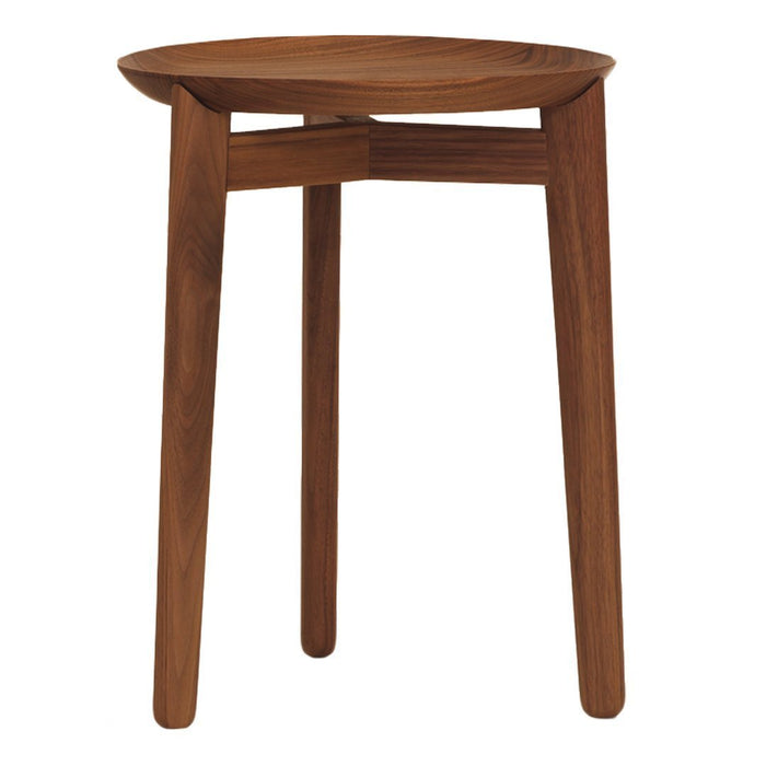 Round walnut stool with a smooth finish and natural wood grain pattern. Perfect for modern or rustic decor.