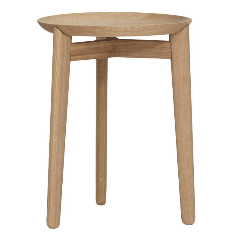 Natural wood finish round stool with a simple design and smooth texture. Neutral tones complement any decor.