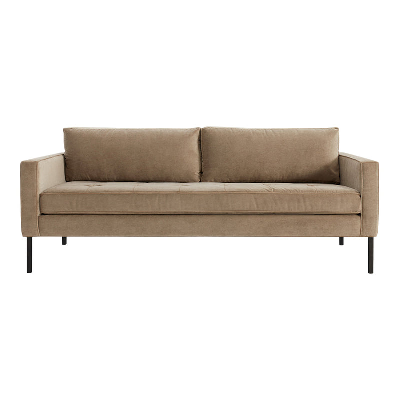 Beige fabric sofa with clean lines and soft cushions, featuring a minimalist design and matte black metal legs.