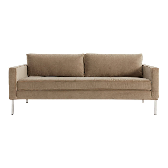 Neutral beige fabric sofa with clean lines and two plush back cushions, complemented by sleek metal legs.