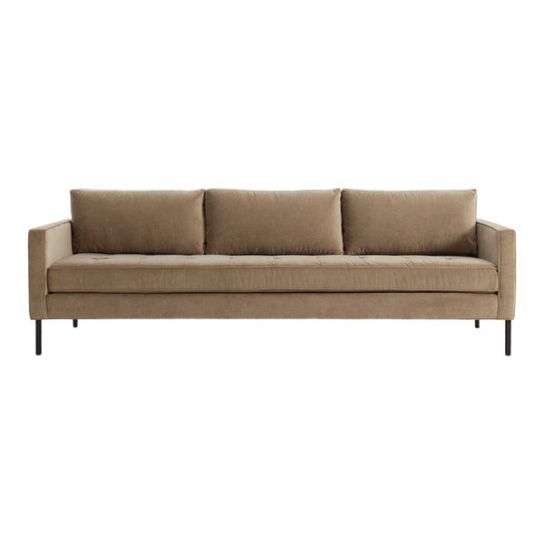 Beige, textured fabric sofa with three cushions and sleek black metal legs. Minimalist design for modern interiors.