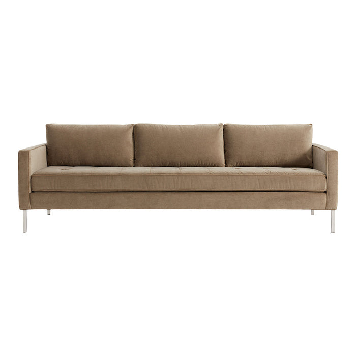 Stylish beige sofa with a smooth fabric texture and sleek modern design, featuring three plush cushions.