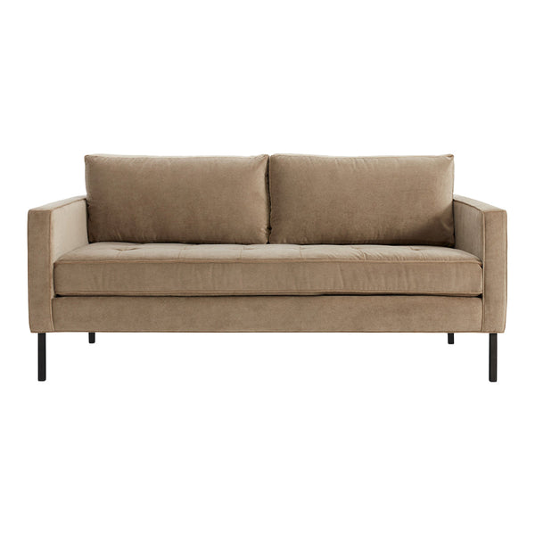 Tan upholstered sofa with a sleek, minimalist design and black metal legs. Perfect for modern living spaces.