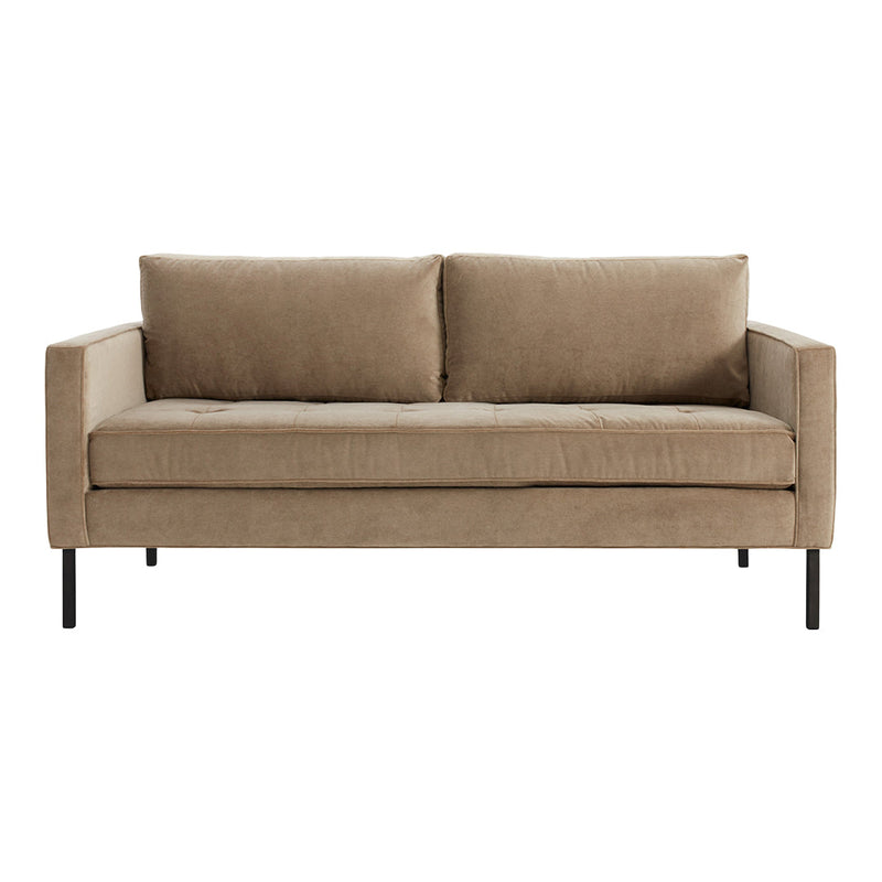 Tan upholstered sofa with a sleek, minimalist design and black metal legs. Perfect for modern living spaces.