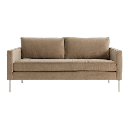 Beige upholstered sofa with clean lines and two plush cushions, set on sleek metal legs. Ideal for modern decor.