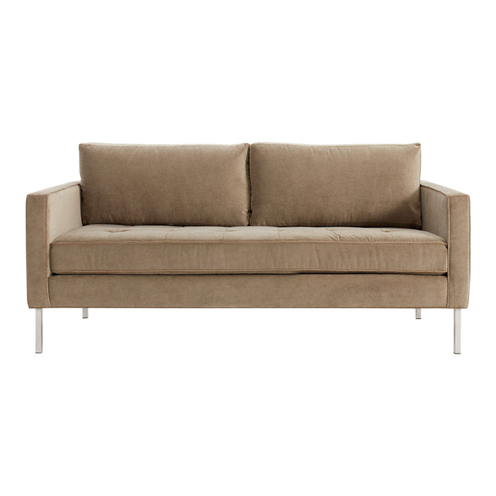Beige upholstered sofa with clean lines and two plush cushions, set on sleek metal legs. Ideal for modern decor.