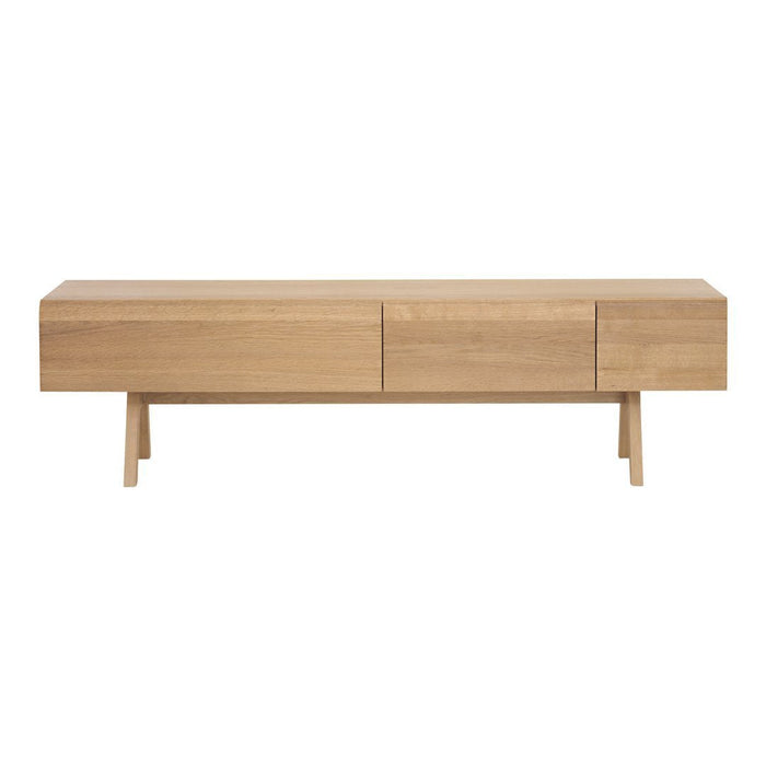 Natural wood TV stand with a light oak finish and minimalistic design, featuring smooth surface and simple lines.