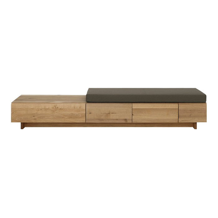 Modern wooden bench in light oak finish with a dark gray upholstered cushion, featuring sleek, minimalist design.