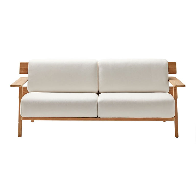 White cushioned sofa with a natural wood frame and minimalist design. Perfect for modern living spaces.