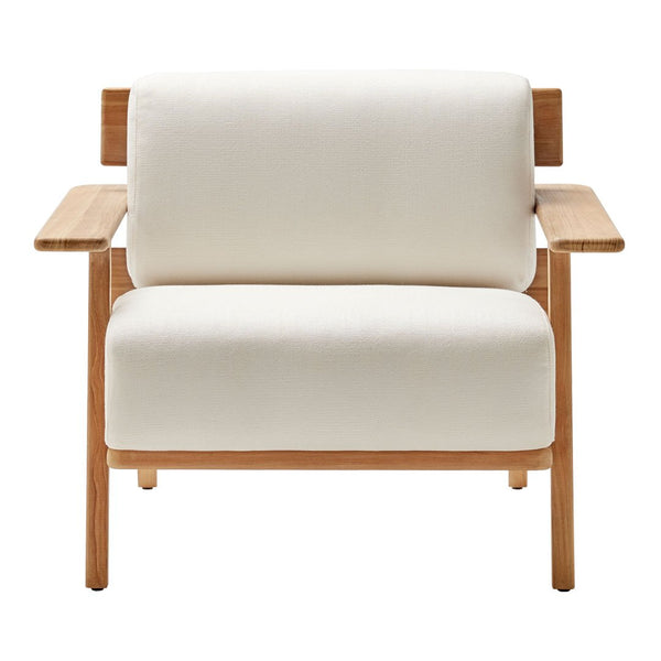 Cream-colored fabric armchair with natural wood accents, featuring a minimalist design and clean lines.