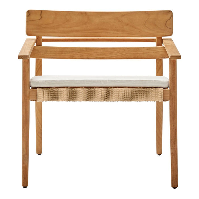 Light wood chair with a natural finish and a cream woven seat cushion. Simple, modern design.