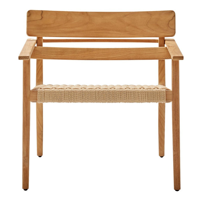 Natural wood chair with a light tan finish and woven beige seat, featuring a minimalist design.