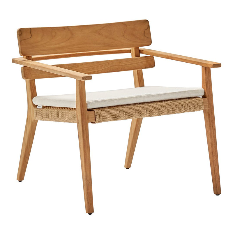 Light wood armchair with a natural wicker seat and a white cushion, featuring minimalist design and soft textures.