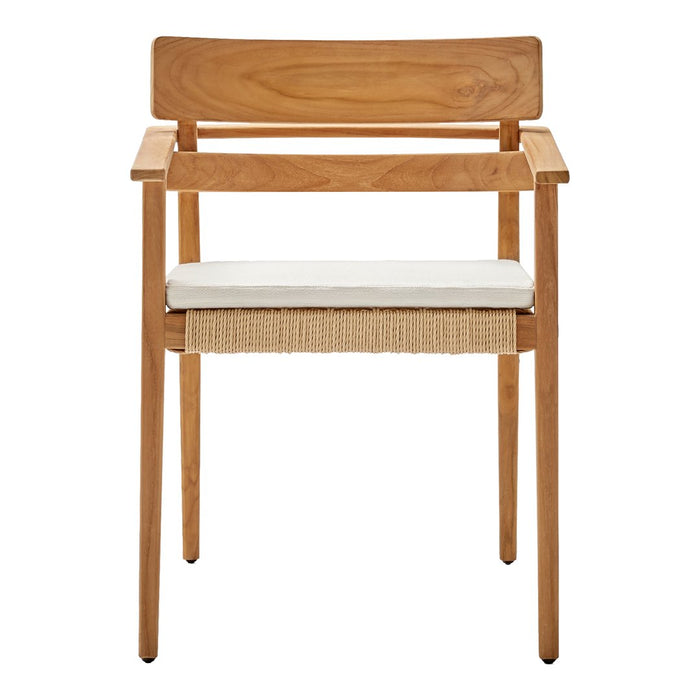 Natural wood armchair with a light beige cushion and woven seat pattern, showcasing a minimalist design.