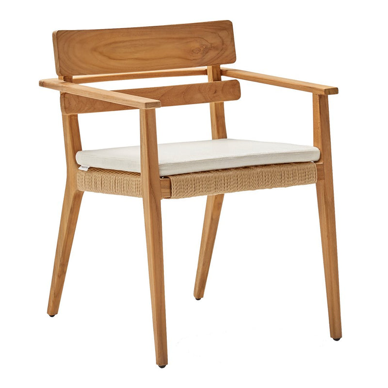 Light wood chair with a natural finish, featuring a cream-colored cushion and woven details on the seat.